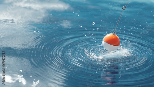 A vibrant orange and white fishing bobber creates ripples in the serene blue water.