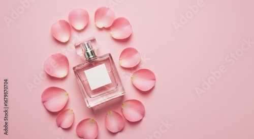 Feminine Perfume Mockup: Pink Rose Petals Flat Lay Design