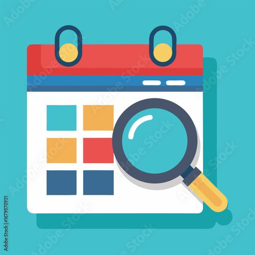 Calendar with magnifying glass icon for planning and scheduling. Flat vector illustration.