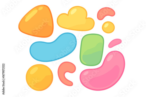 Colorful abstract liquid shapes set. Glossy jelly bean candy blobs. Modern organic form elements for design. Vector illustration with smooth translucent gradient colors.