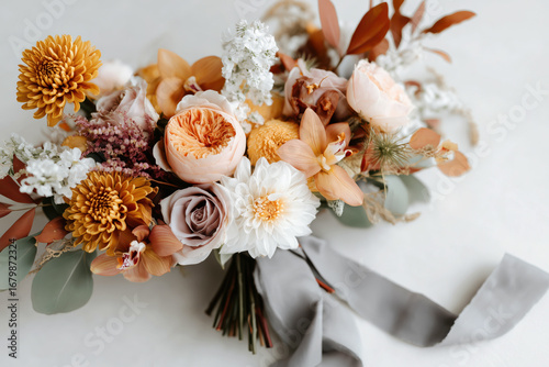 Autumn-inspired bridal bouquet with soft roses, chrysanthemums, and orchids tied with a flowing ribbon, styled on a light background