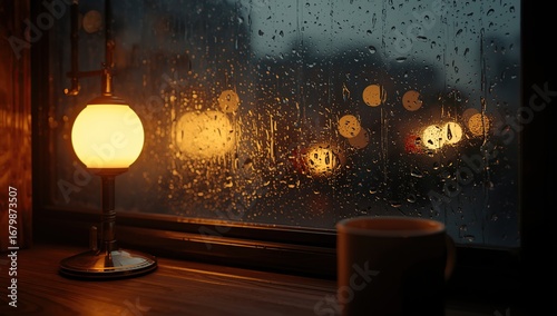 lamp on the table with cup of coffee, using generative ai