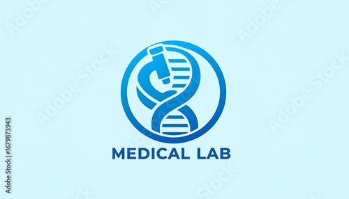 Innovative medical laboratory logo displaying dna strand and microscope icon