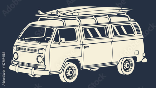 Vintage camper van with surfboards on roof for a beach road trip adventure