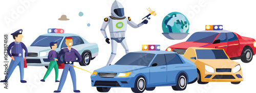 Cartoon illustration of a police officer standing next to a friendly robot, both smiling and engaging with each other.
