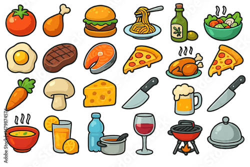 Big food icon set. Cartoon vector graphic collection of meals, drinks, and cooking elements. Restaurant menu, grocery store, delivery app. Isolated sticker pack illustration.