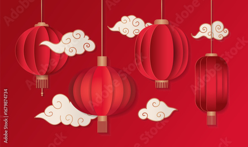 A set of Chinese paper red lanterns in craft paper cut style. Asian holidays decor collection. Buddhist attributes in temples in Vietnam and Thailand. Vector illustration.
