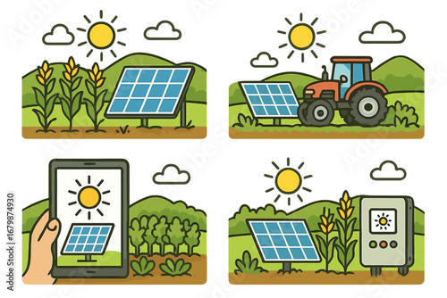 Smart farm vector icon set. Solar panels in agriculture. Renewable energy for tractor and crop monitoring. Agrivoltaics, agritech, sustainable farming cartoon illustration.