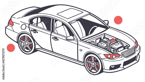 Detailed illustration of a sedan car with its hood open, highlighting engine and wheels