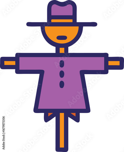 Scarecrow icon in purple and orange colors on a white background.
