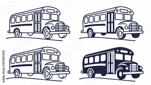 Collection of stylized school bus illustrations in different perspectives and colors
