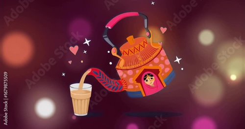 Patterned kettle tilting and pouring two-tone tea into glass for blending with hearts animating