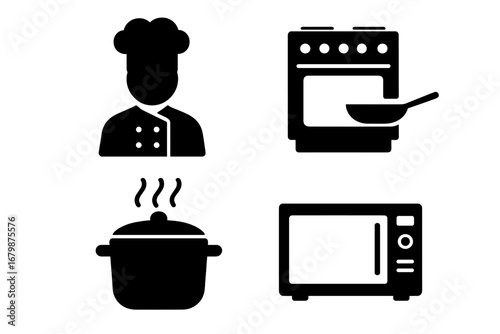 Cook and kitchen solid icon set. Vector glyph collection with chef, oven with pan, steaming pot, and microwave. Culinary arts and food preparation silhouette symbols.