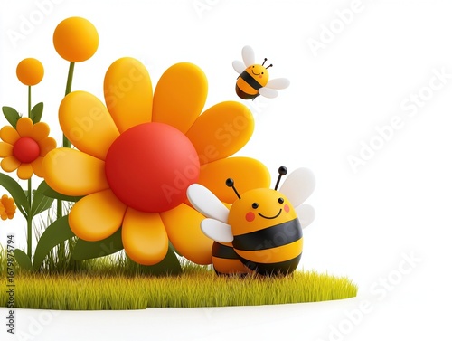 Cheerful Cartoon Bees Near Bright Yellow Flowers in 3D Render
