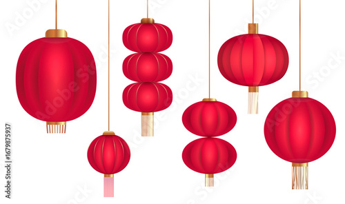 3d Chinese holiday lanterns collection. Realistic vector Asian lamps for holidays decor. Isolated elements for mid-autumn and new year.