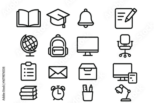 Education and office line icon set. School, university, and business symbols. Study essentials, work supplies, and e-learning concept vector icons for web and mobile design.