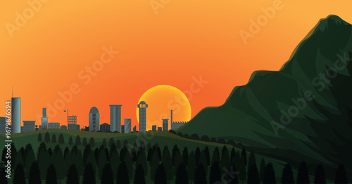 sunrise or sunset cityscape simple drawing