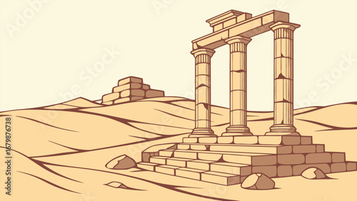 Ancient Greek temple ruins stand majestically in a vast desert landscape under a clear blue sky.
