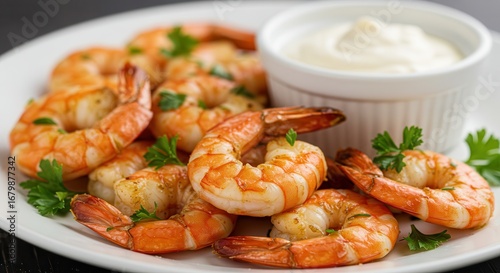 Delicious grilled shrimp with mayonnaise isolated on white background