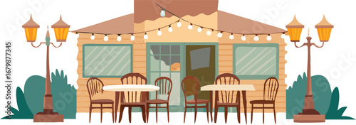 Outdoor dining area of a restaurant featuring several tables and chairs arranged neatly under a clear sky.