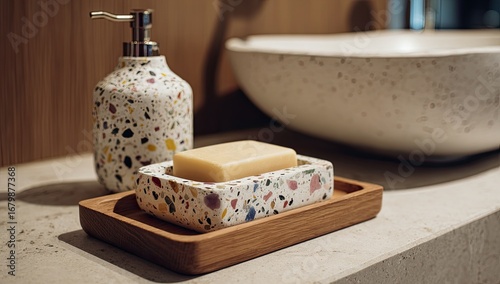 Modern bathroom accessories, featuring a soap dish, soap bar, and dispenser, all in a multicolored terrazzo design, on a light-colored countertop