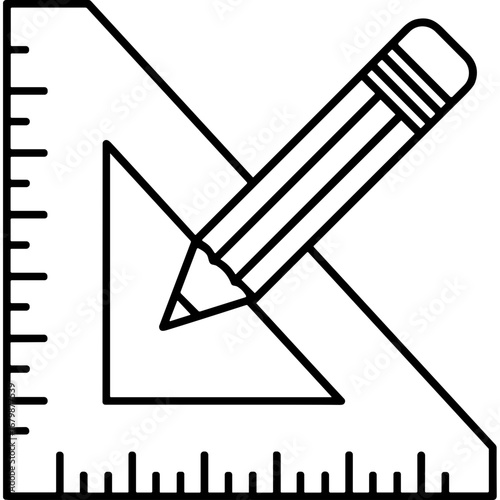 Outline icon with pencil on ruler in black and white design  