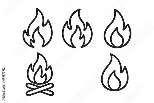 Fire flame line icon collection. Vector bonfire, campfire, and burning symbols. Simple outline illustration for heat, hot, energy, and passion concepts. Cartoon flame signs set.