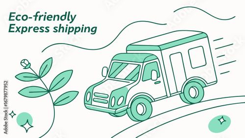 Eco-friendly express shipping van on a green road with leaves