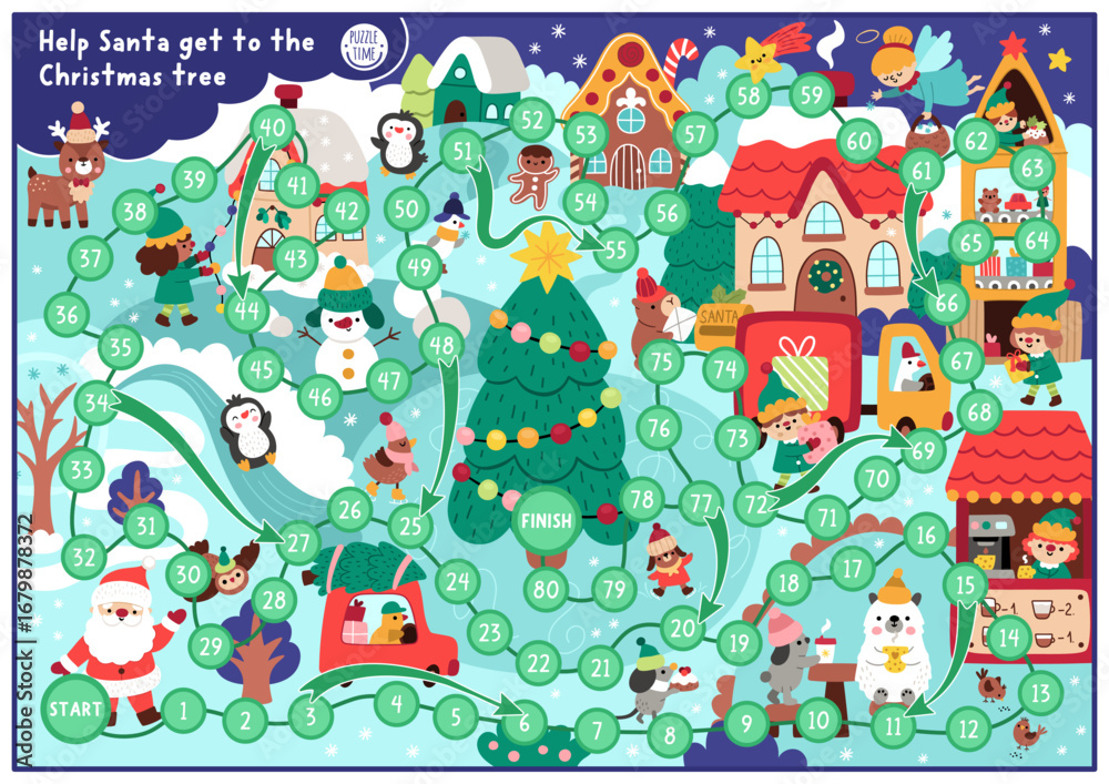 Fototapeta premium Christmas village board game for children with cute animals and Santa Claus going to fir tree. Funny detailed boardgame with market, houses, deer. Winter holiday printable activity, worksheet
