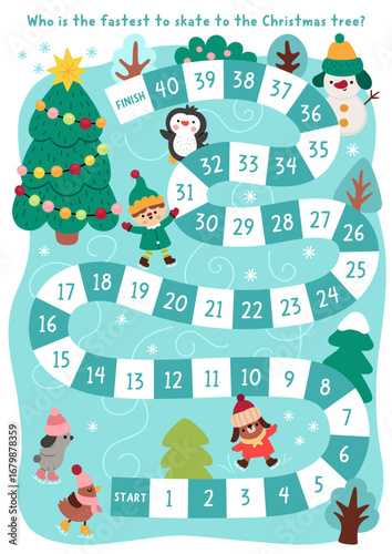 Christmas village board game for children with cute animals and elves skating on skates to fir tree. Funny races boardgame with snowman, penguin, bird. Winter holiday printable activity