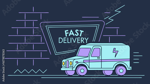 Fast delivery van illustration with neon sign on brick wall background