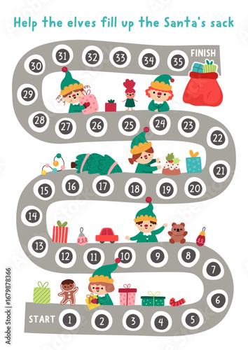 Christmas village board game for children with cute elves filling up Santa Claus sack with presents on toy factory. Funny boardgame with conveyor belt. Winter holiday printable activity, worksheet