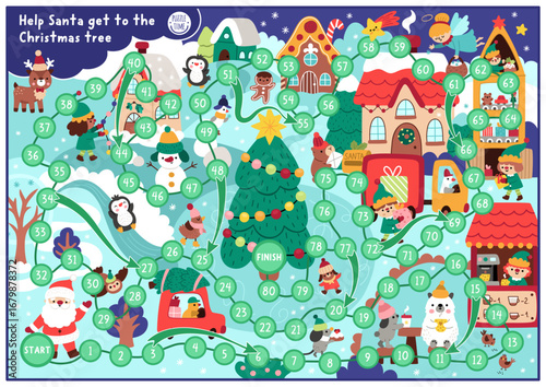 Christmas village board game for children with cute animals and Santa Claus going to fir tree. Funny detailed boardgame with market, houses, deer. Winter holiday printable activity, worksheet