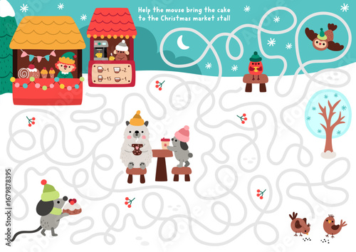 Christmas village maze for children with cute mouse bringing cake to market stall or fair. Funny labyrinth game with animals, holiday treats, snowy landscape. Winter printable activity, worksheet