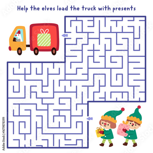 Christmas village geometrical maze for children with cute elves loading truck with presents. Labyrinth game with dwarfs, delivery car, gifts. Winter holiday printable activity, worksheet