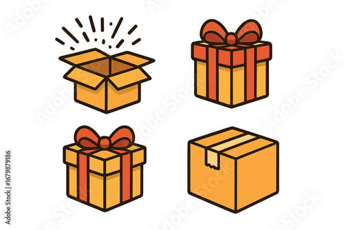 Gift box and surprise present vector icon set. Christmas, birthday, or holiday celebration package collection. Open cardboard box, shipping parcel, and gift wrap illustration.