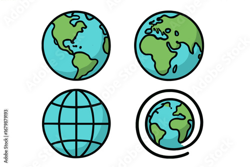 Globe icon set. Hand-drawn Earth planet vector illustration. Cartoon world map symbols for website, global business, international communication, and travel concepts. Flat design.