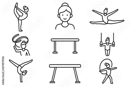 Gymnastics line icon set. Artistic and rhythmic gymnastics symbols. Vector outline collection with gymnast, athlete, apparatus, balance beam, vault, rings, ribbon, and hoop.
