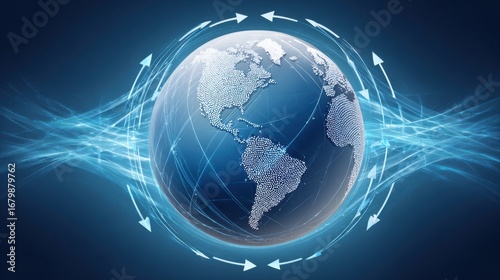 A digital depiction of Earth surrounded by dynamic blue waves, symbolizing connectivity and technology in a modern, global context.