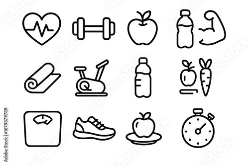 Vector health and fitness icon set. Outline symbols for wellness, nutrition, exercise, and sport. Healthy lifestyle, diet, gym workout, and cardio equipment cartoon icons.