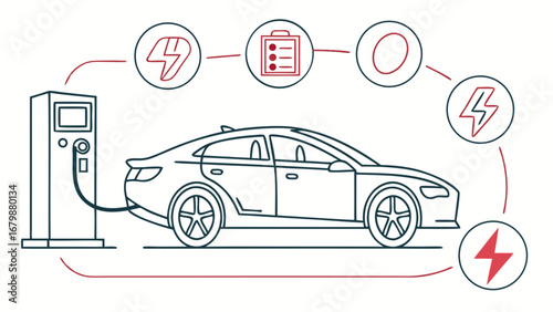 Electric car charging station with futuristic icons illustrating energy and technology