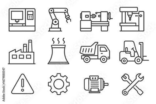 Industrial equipment line icon set. Manufacturing machinery, factory automation, and engineering tool vector icons. Robotic arm, CNC, forklift, and factory symbols collection.