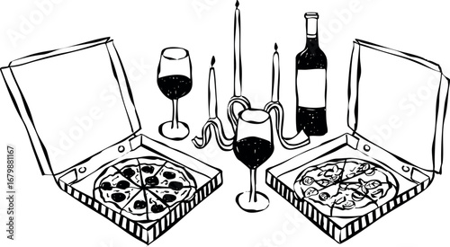 Cena romántica con pizza. Ilustración dibujada a mano de un picnic con pizza y vino. Comida italiana