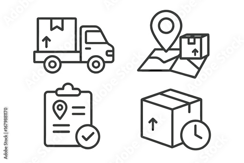 Logistics and delivery service outline icon set. Shipping, transport, and package tracking symbols. Fast delivery truck, map pin, order clipboard, parcel time vector icons.