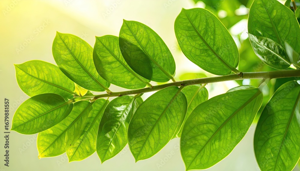 Fototapeta premium Glossy Green Leaves Branch Close Up