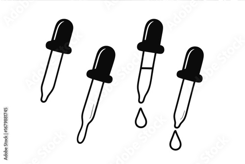 Dropper icon set. Pipette with dropping liquid, oil, or serum. Medicine, cosmetic, or laboratory symbol collection. Science and chemistry concept. Vector illustration isolated.
