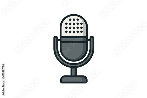 Microphone vector icon isolated. Retro studio equipment for sound recording. Mic for podcast, broadcast, karaoke, music, radio, interview. Vintage audio device flat illustration.