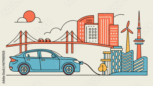 Electric car charging in a futuristic city with renewable energy sources