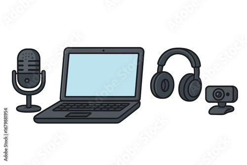 Digital communication and streaming equipment set. Laptop, microphone, headphones, webcam. Vector concept for podcast, vlogging, home office, webinar, gaming, online meeting.