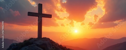Serene image of a wooden cross standing against a sunrise, symbolizing faith, hope, and resurrection  Perfect for Easter, Lent, or general Christian themes ,  christian,  tranquil